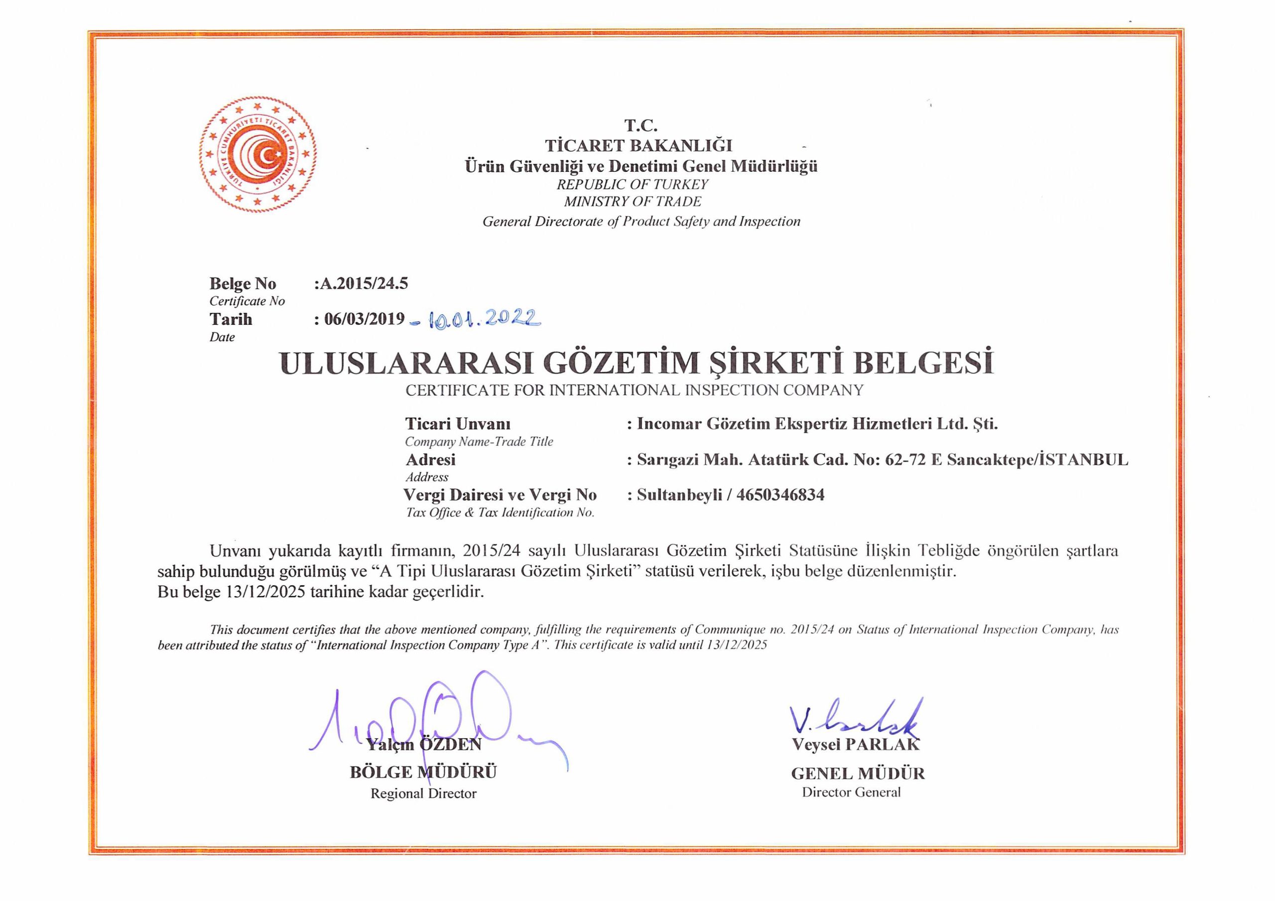 A TYPE CERTIFICATE FOR INTERNATIONAL INSPECTION COMPANY 13.12.2025